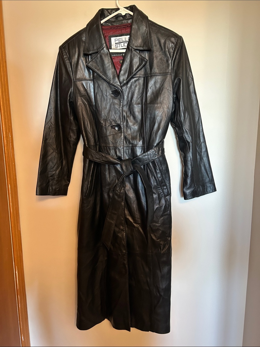 Pelle Studio Wilsons Black Leather Insulated Long Trench Coat with Waist Tie SzM